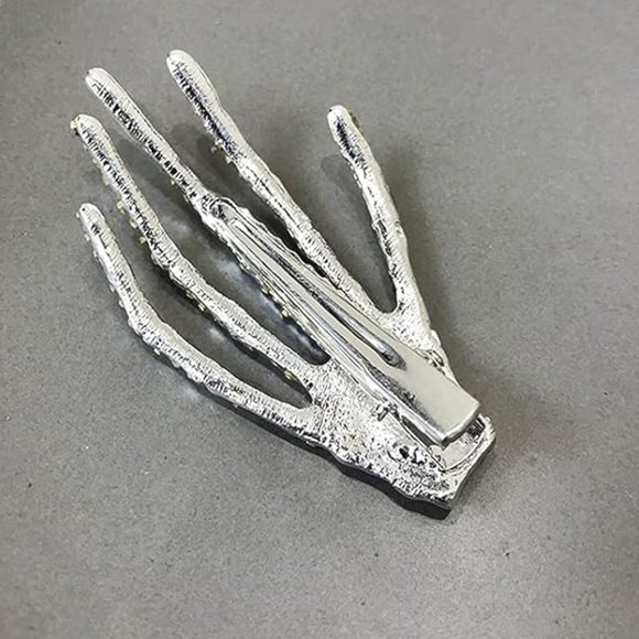 Silver Pave Rhinestone Skeleton Hand Crystal Hair Clip Corpse Hairclip Halloween - Picture 4 of 7